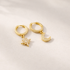 Gold Pave Star And Moon Asymmetrical Huggie Hoop Drop Earrings E140
