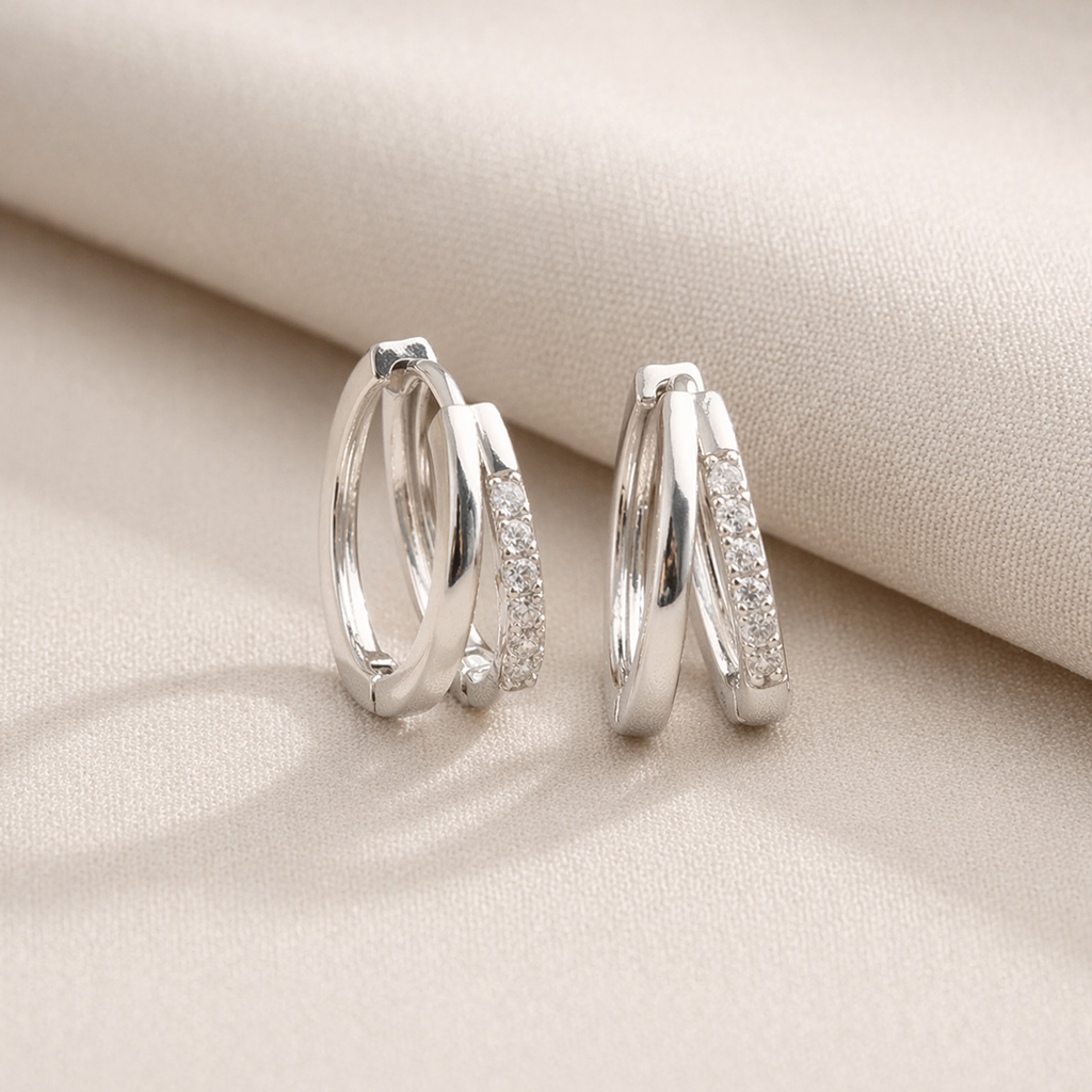 Gold Double Hoop CZ Huggie Hoop Earrings for Women E182