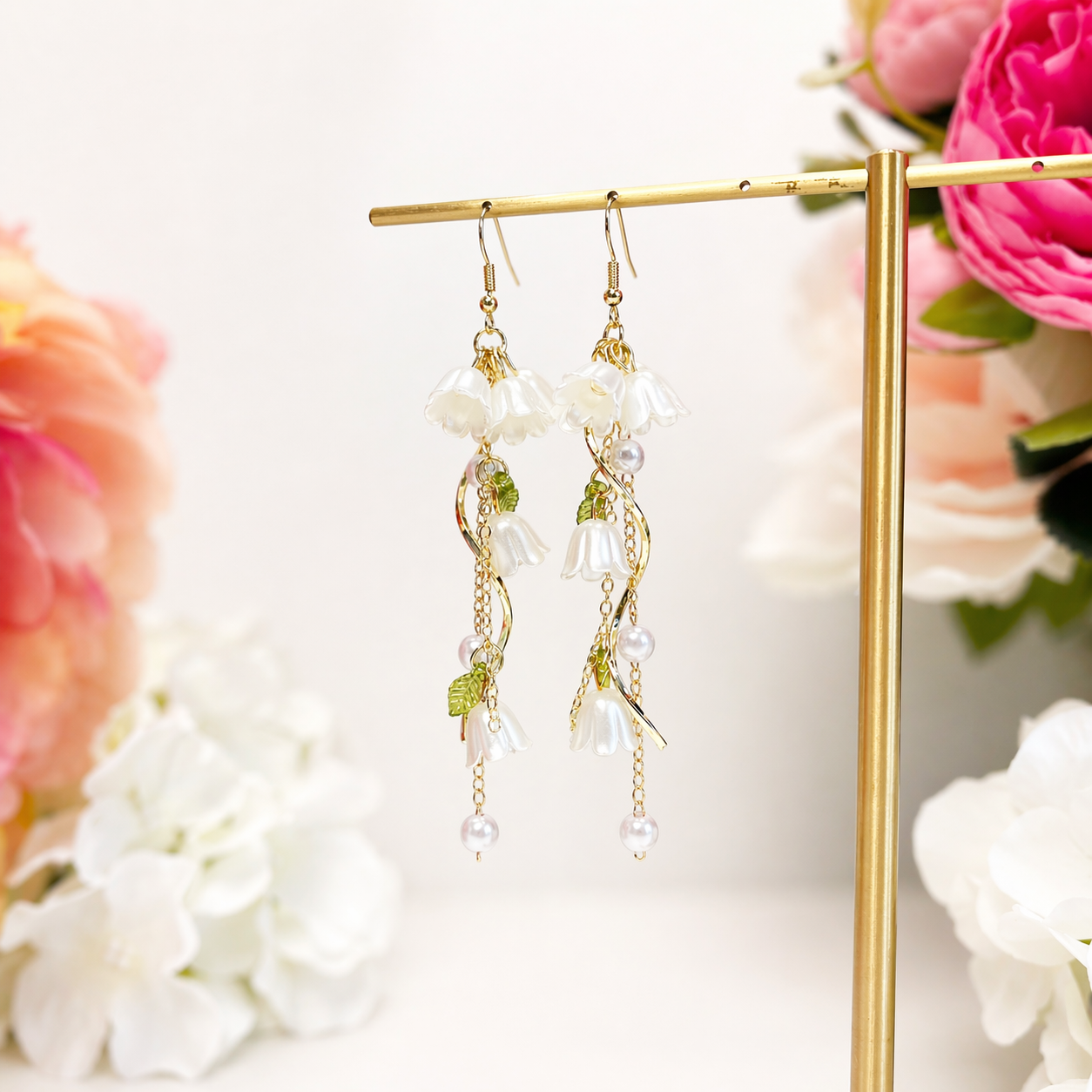 Lily of Valley White Flower Pearl Long Dangle Earrings E189