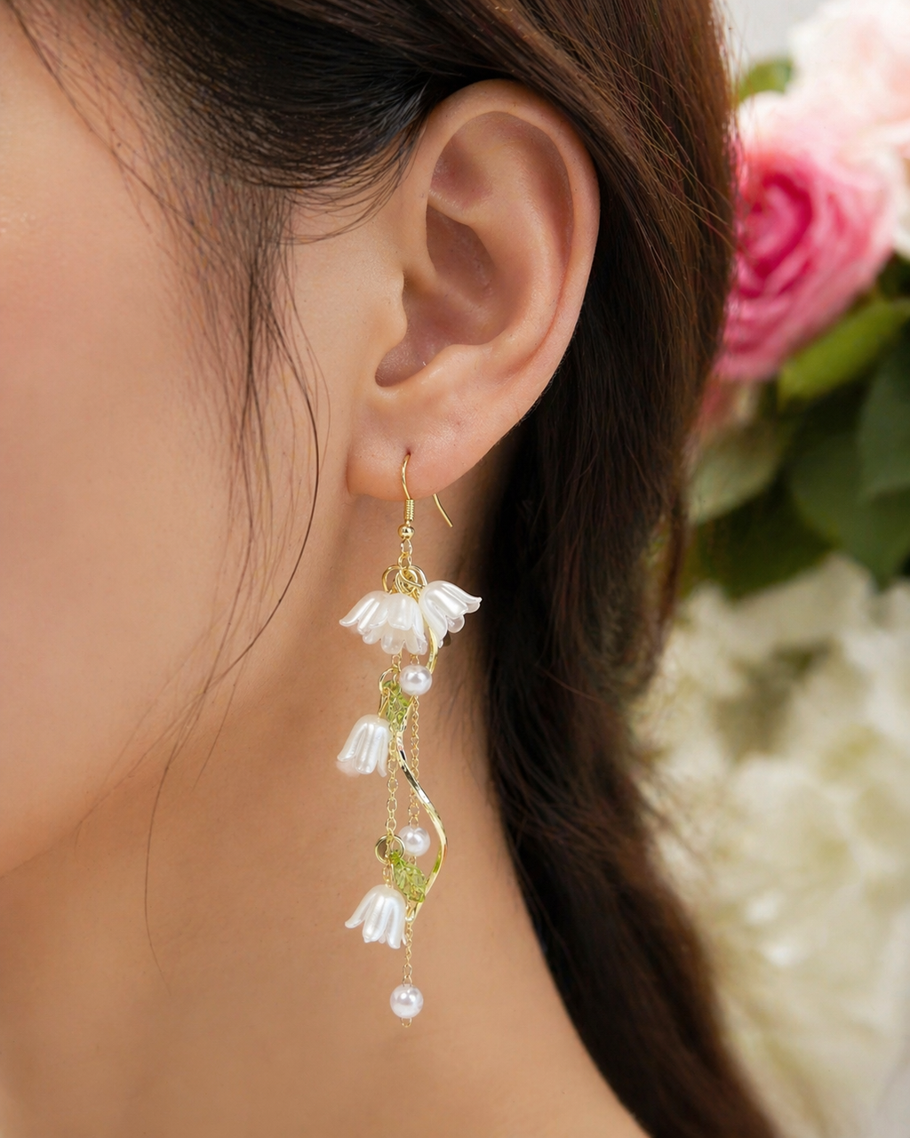 Lily of Valley White Flower Pearl Long Dangle Earrings E189