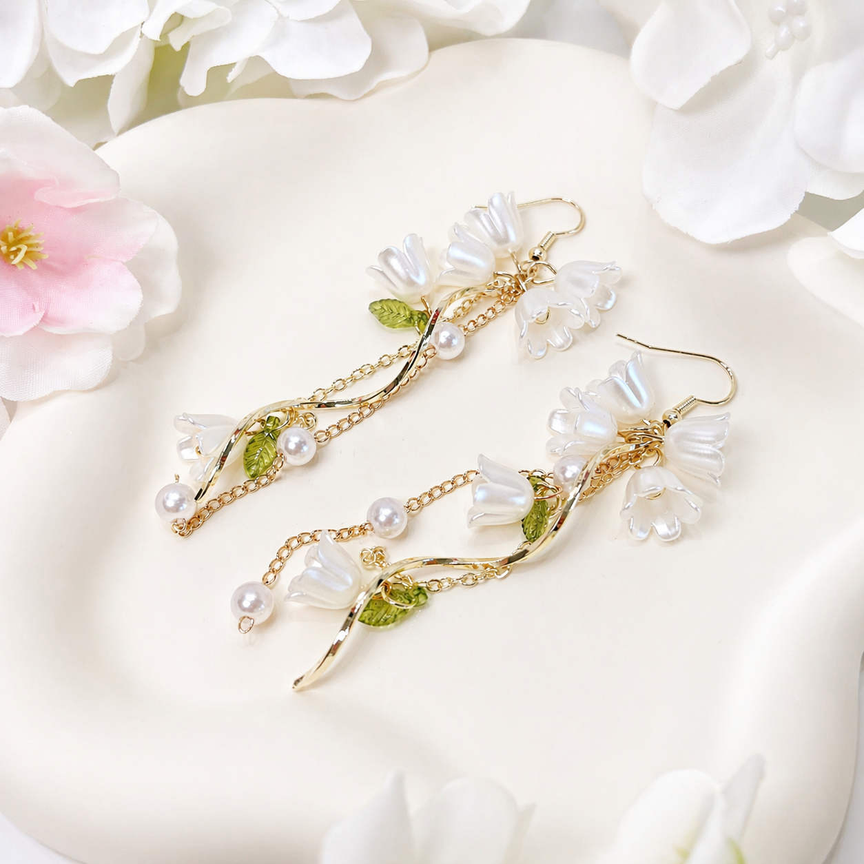 Lily of Valley White Flower Pearl Long Dangle Earrings E189