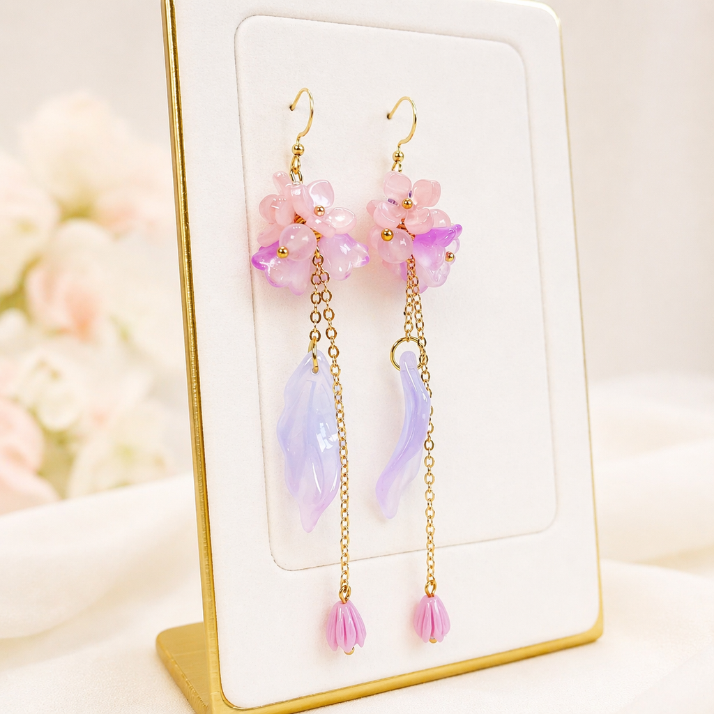 Pink Flower Long Dangle Earrings for Women Fairy Jewelry E194