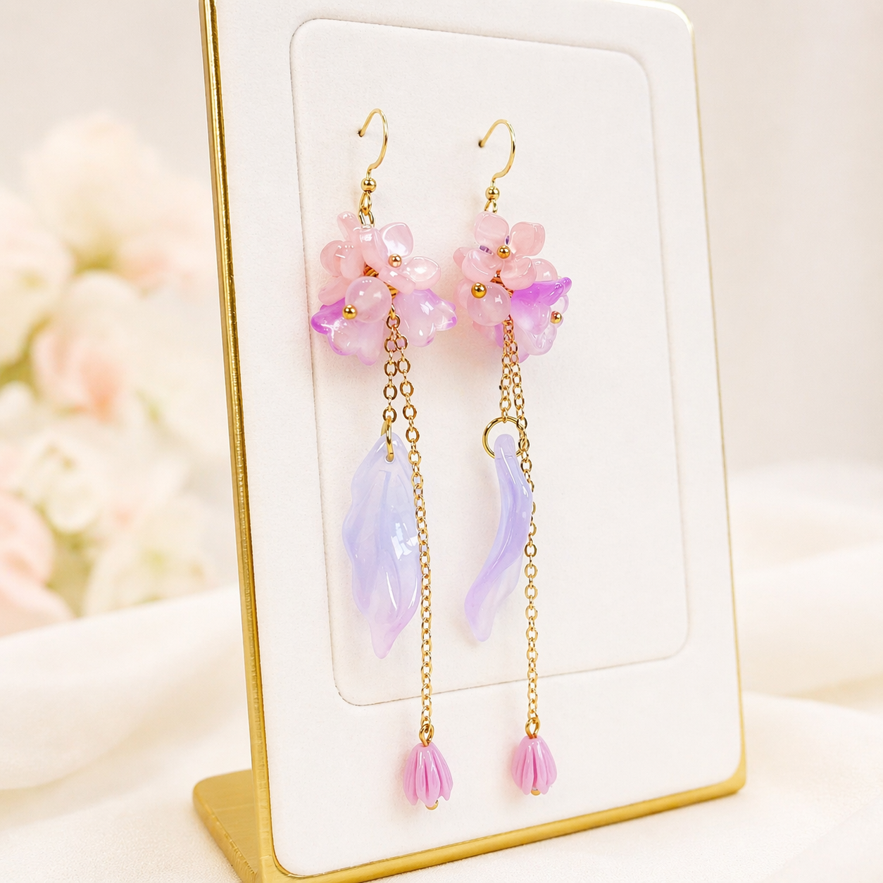 Pink Flower Long Dangle Earrings for Women Fairy Jewelry E194