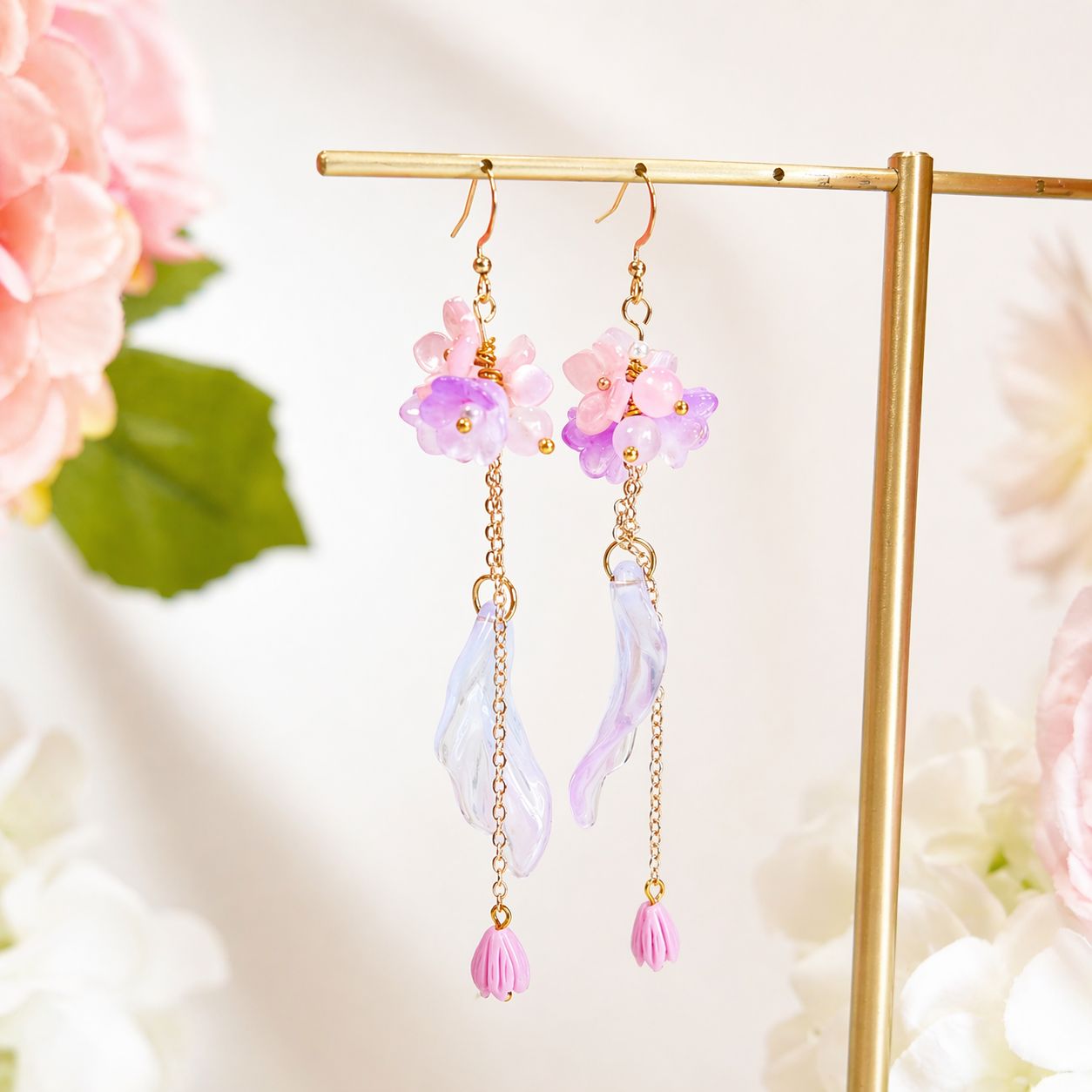 Pink Flower Long Dangle Earrings for Women Fairy Jewelry E194