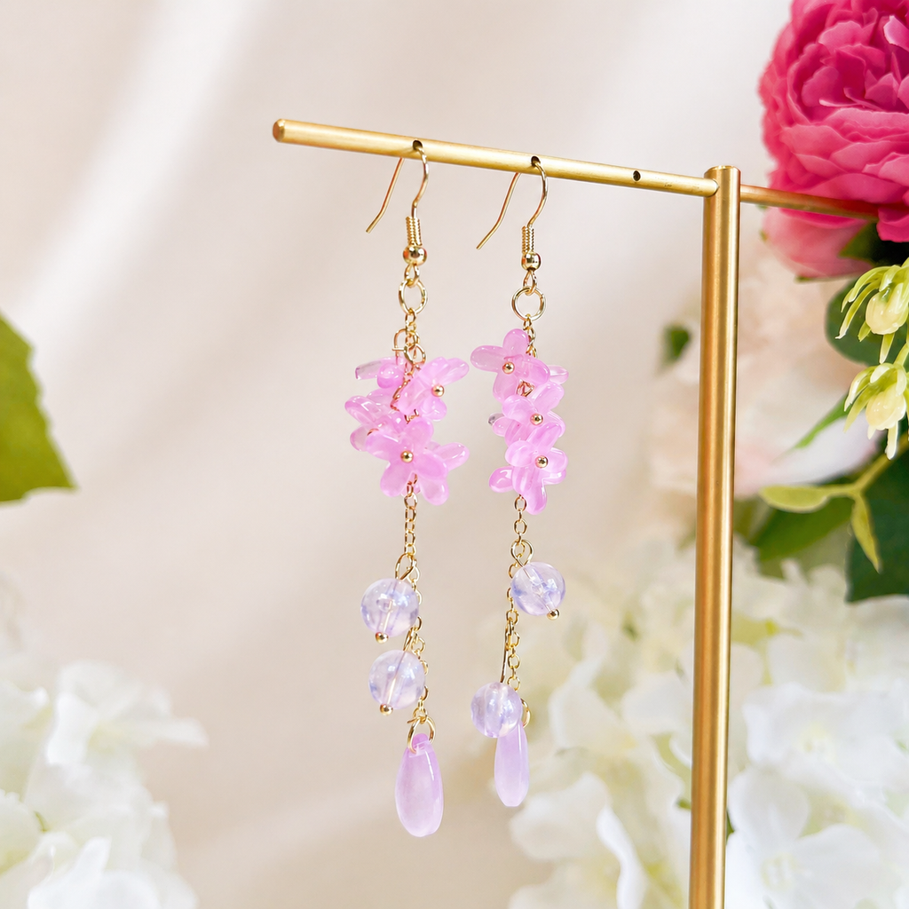Gold Purple Flower Beaded Dangle Earrings for Women E195