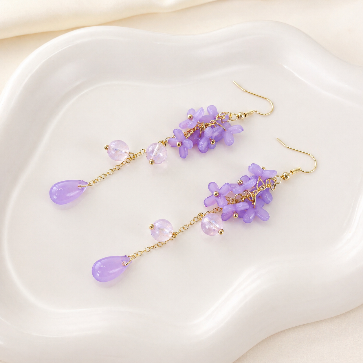 Gold Purple Flower Beaded Dangle Earrings for Women E195