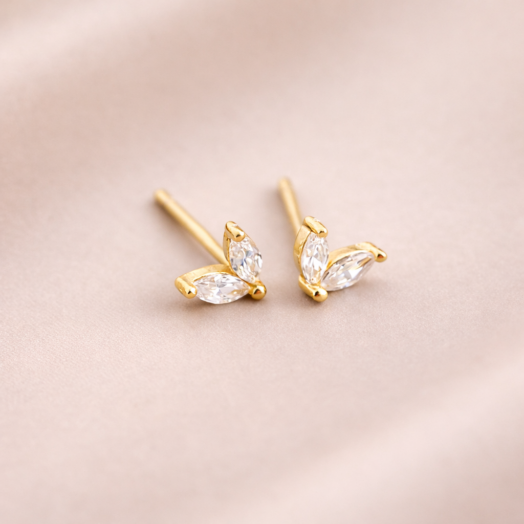 18K Gold Vermeil Marquise Crystal Flower Stud Earrings E100
