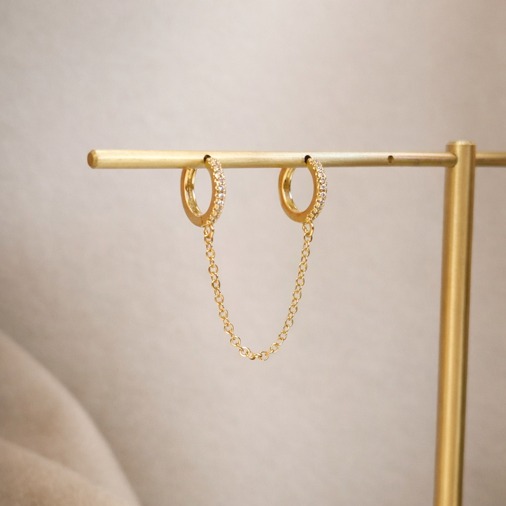 Double Paved Huggie Hoop Chain Single Earrings E128