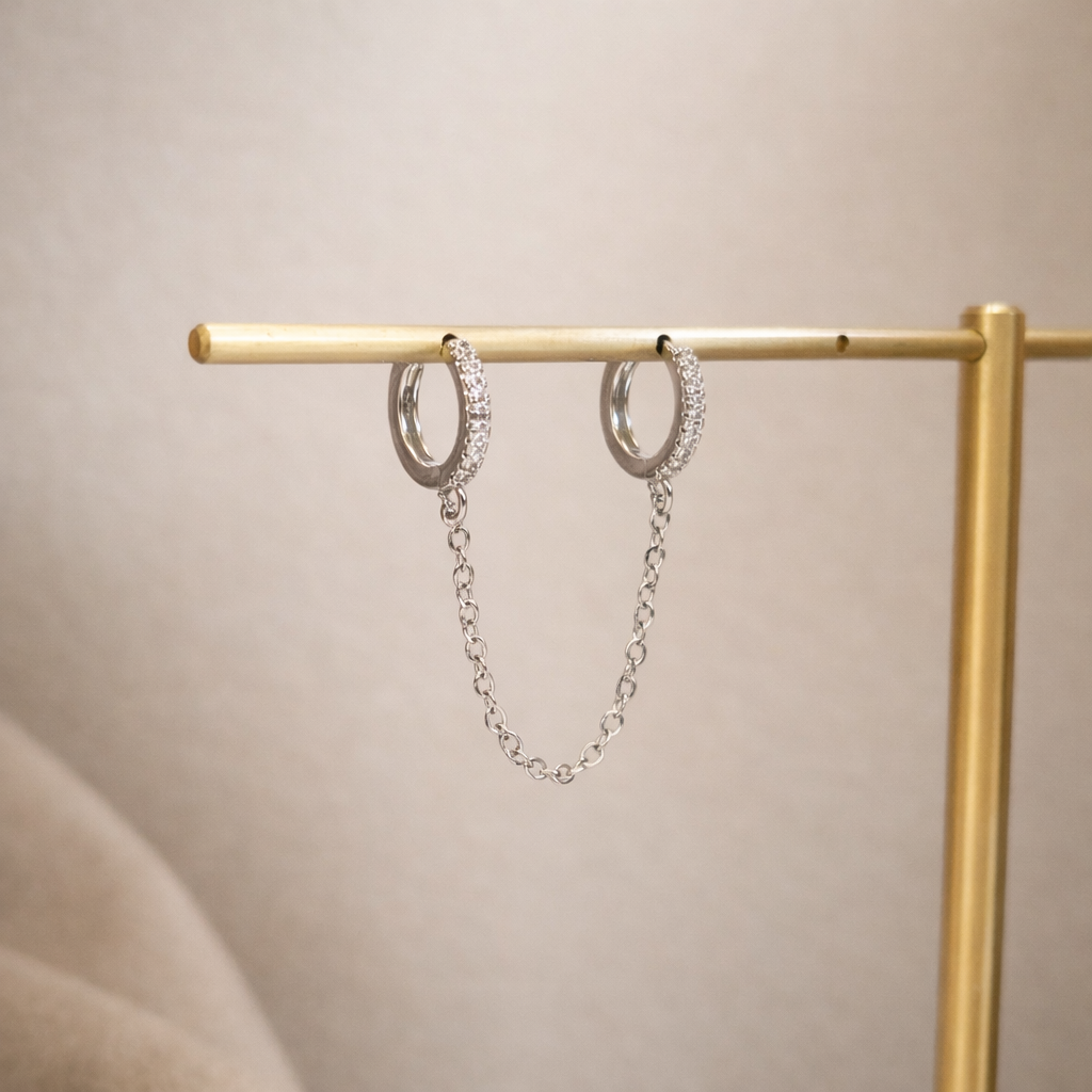 Double Paved Huggie Hoop Chain Single Earrings E128