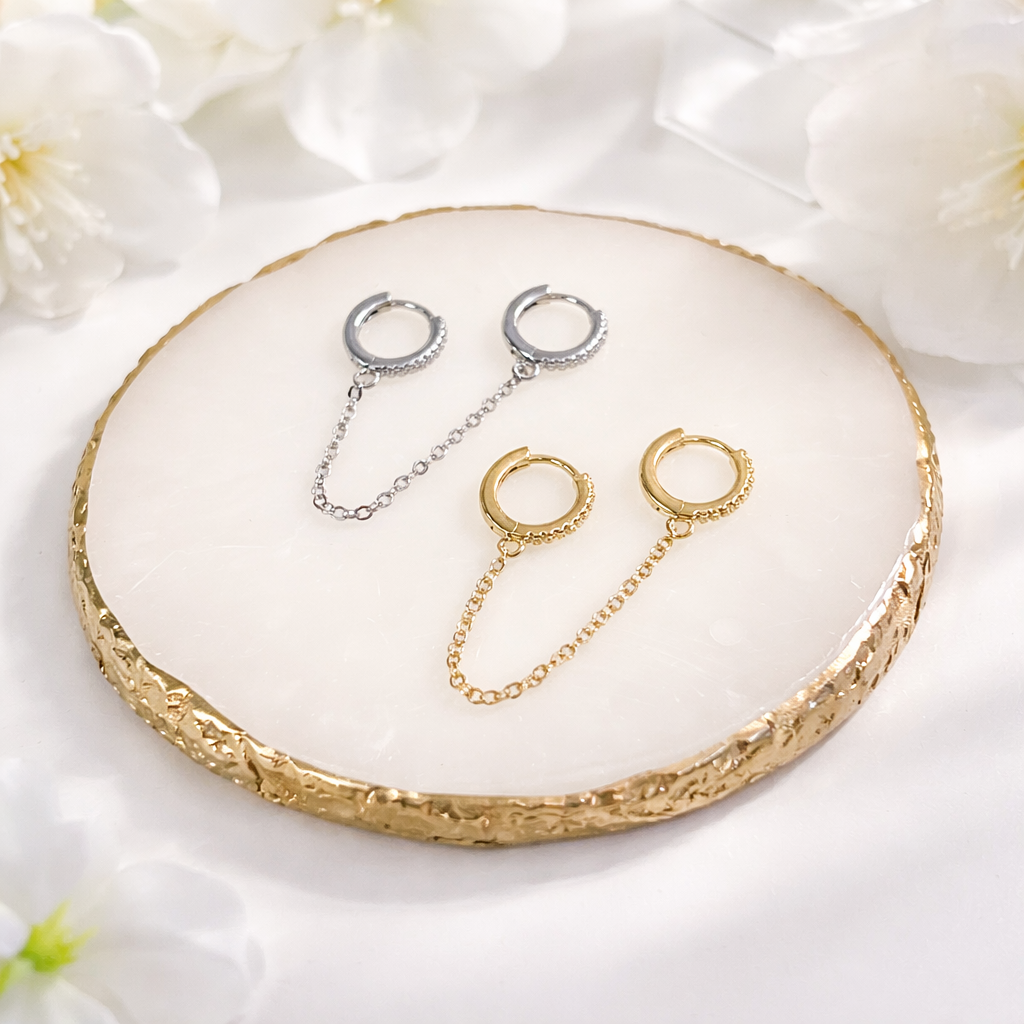 Double Paved Huggie Hoop Chain Single Earrings E128