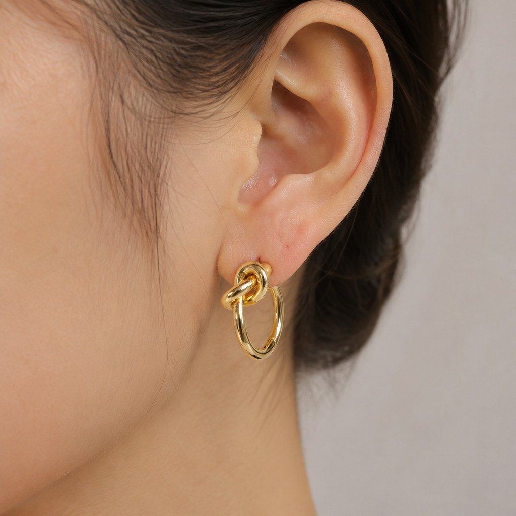 Minimalist gold love knot hoop earrings E300