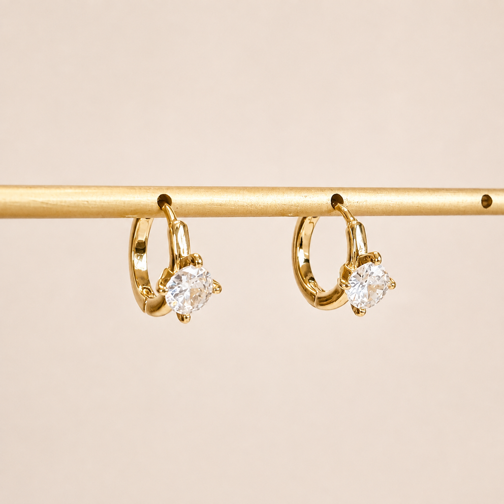 14k gold solitaire baguette crystal huggie hoop earrings E303