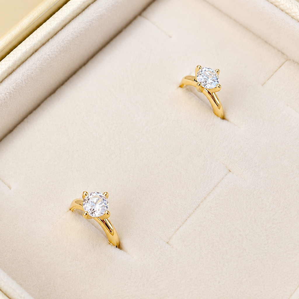 14k gold solitaire baguette crystal huggie hoop earrings E303