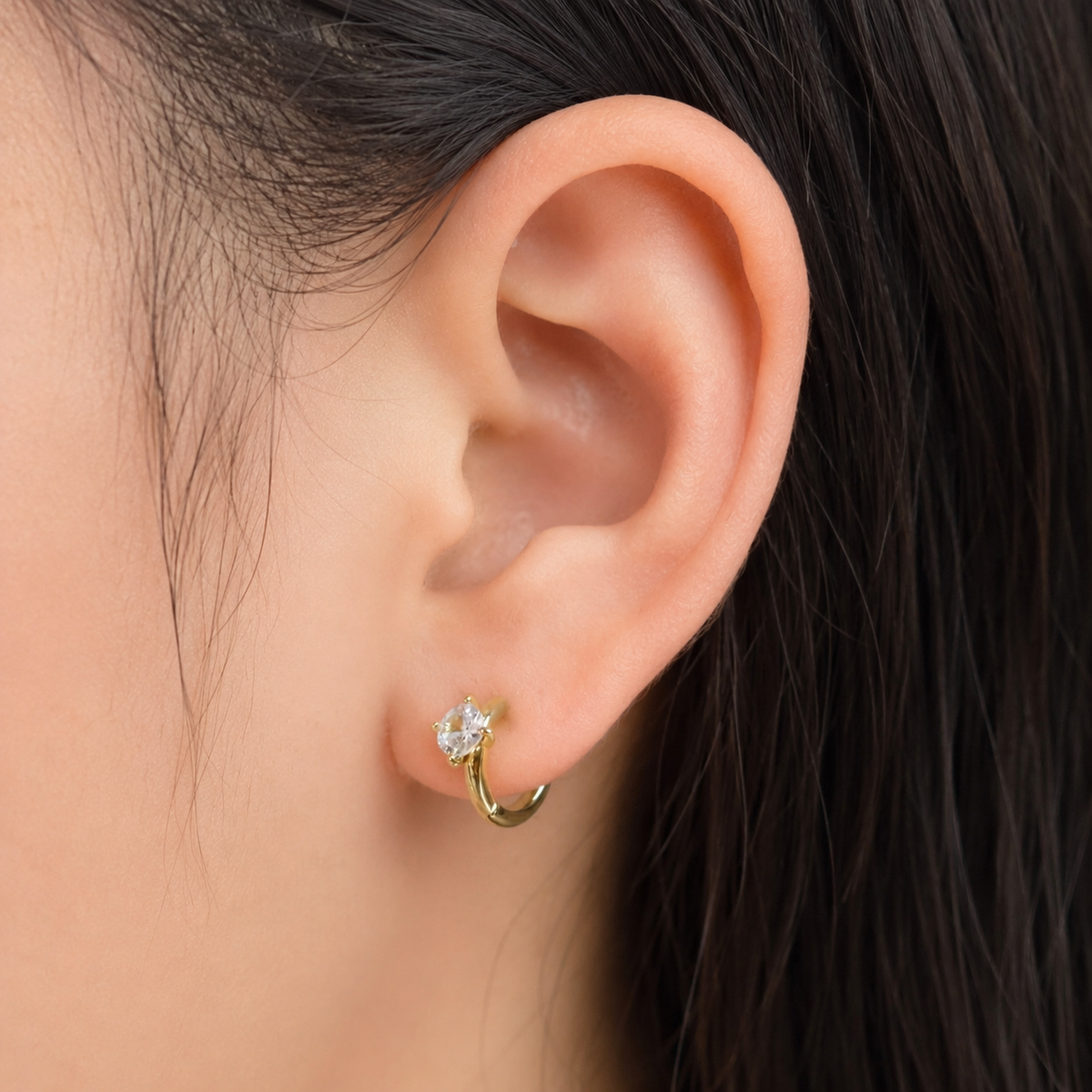 14k gold solitaire baguette crystal huggie hoop earrings E303