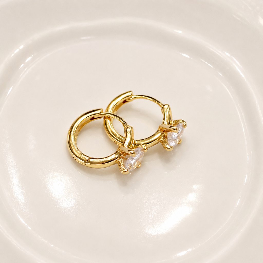 14k gold solitaire baguette crystal huggie hoop earrings E303