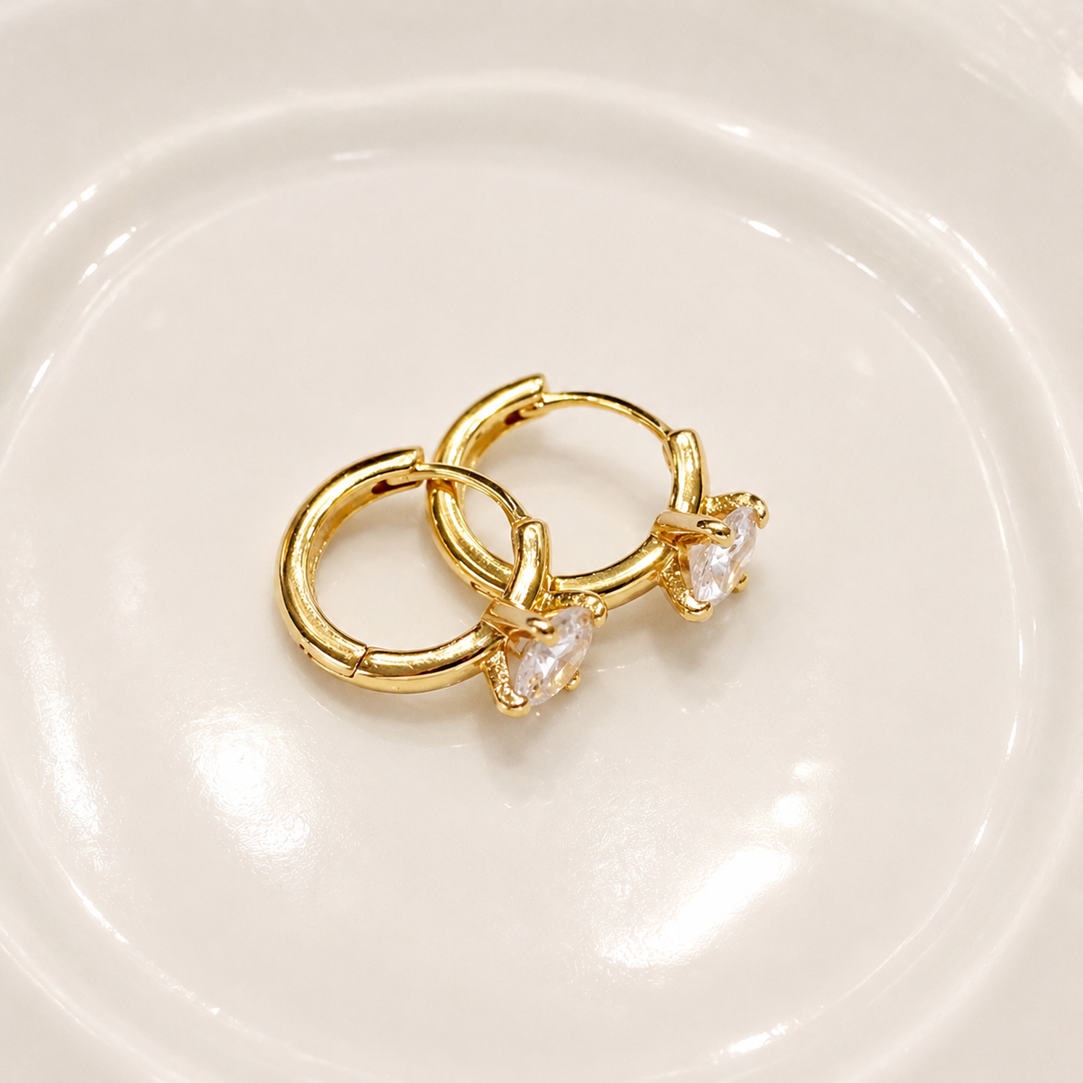 14k gold solitaire baguette crystal huggie hoop earrings E303