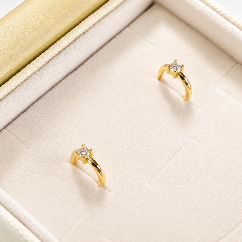 14k gold solitaire crystal open huggie hoop earrings E301