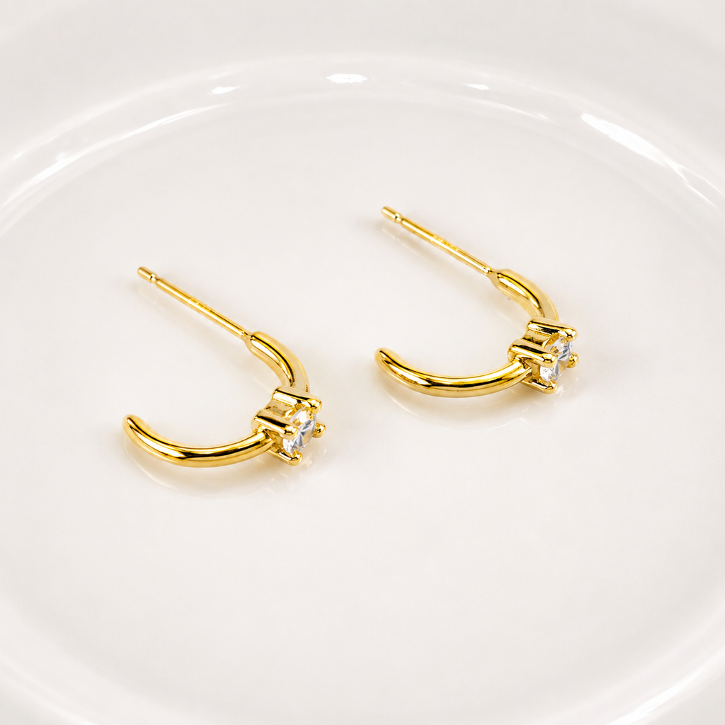 14k gold solitaire crystal open huggie hoop earrings E301