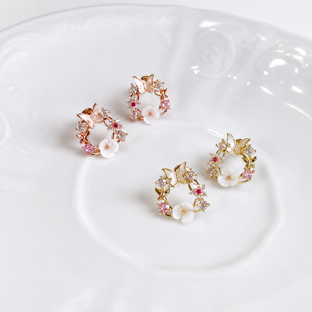 Butterfly & flower wreath dainty cute stud earrings E292
