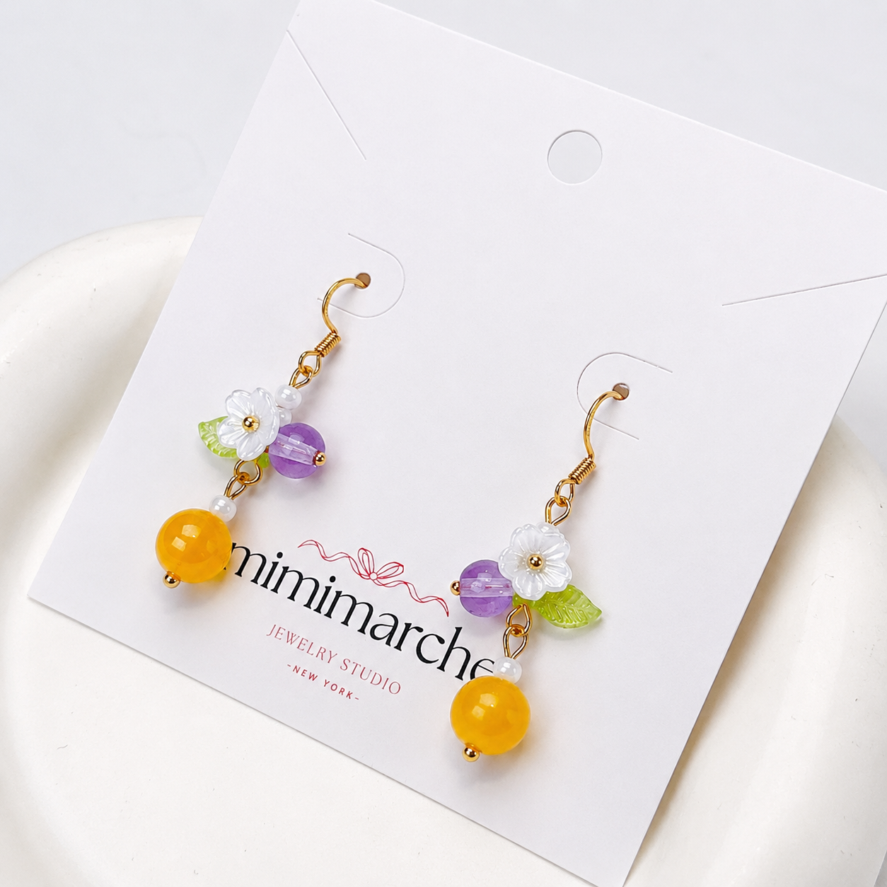 Cottage core yellow bead flower dangle earrings E293