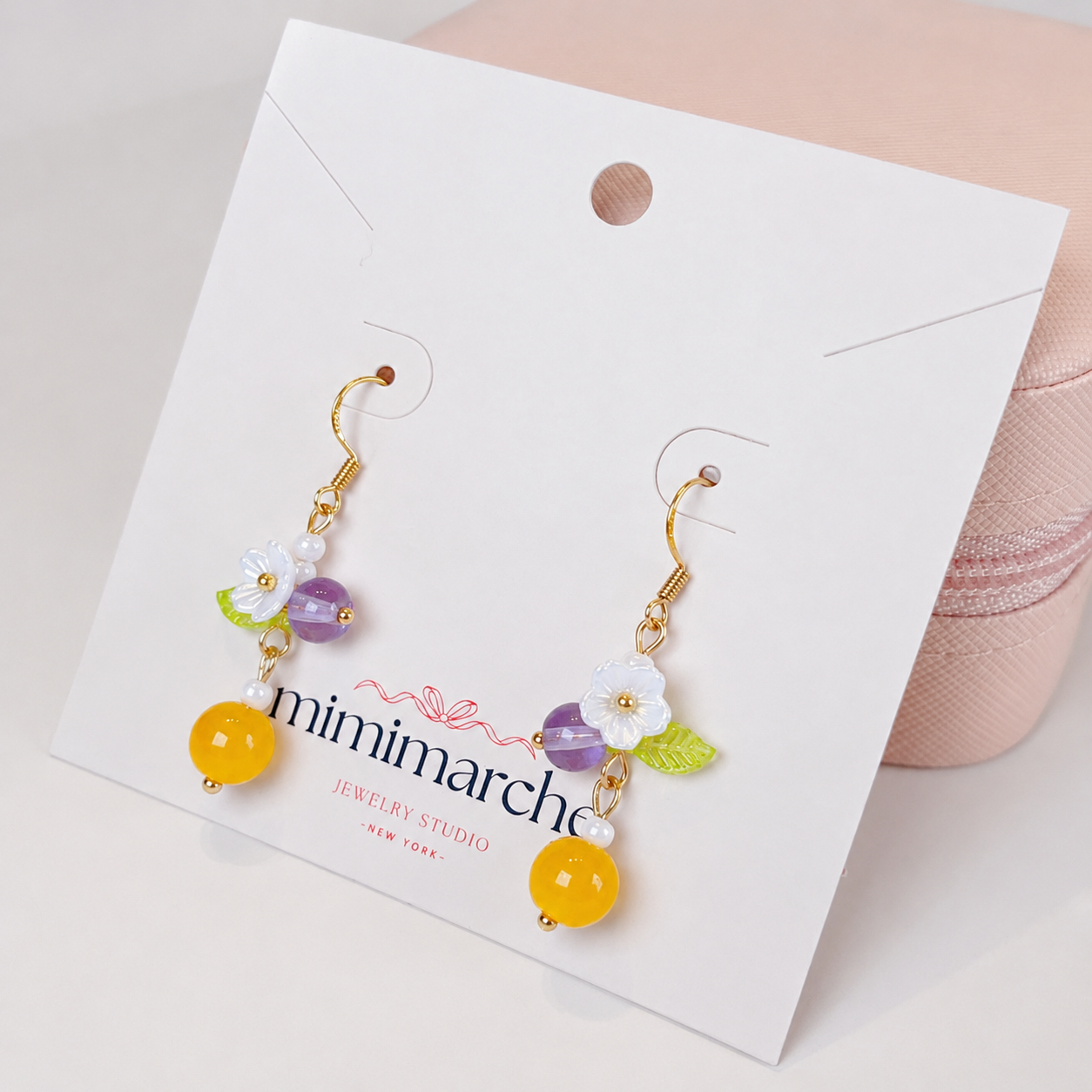 Cottage core yellow bead flower dangle earrings E293
