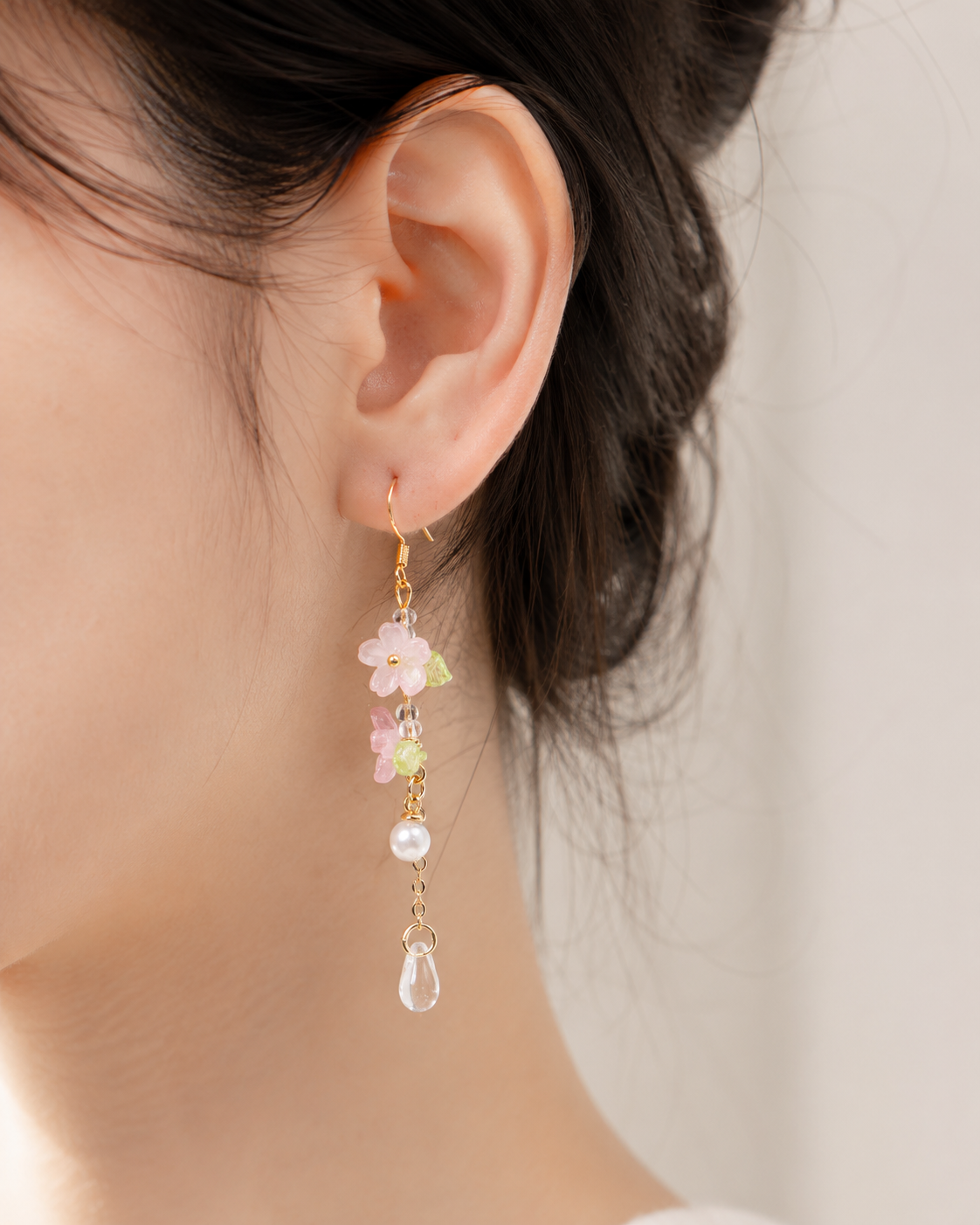 pink sakura green leave crystal dangle earrings E295