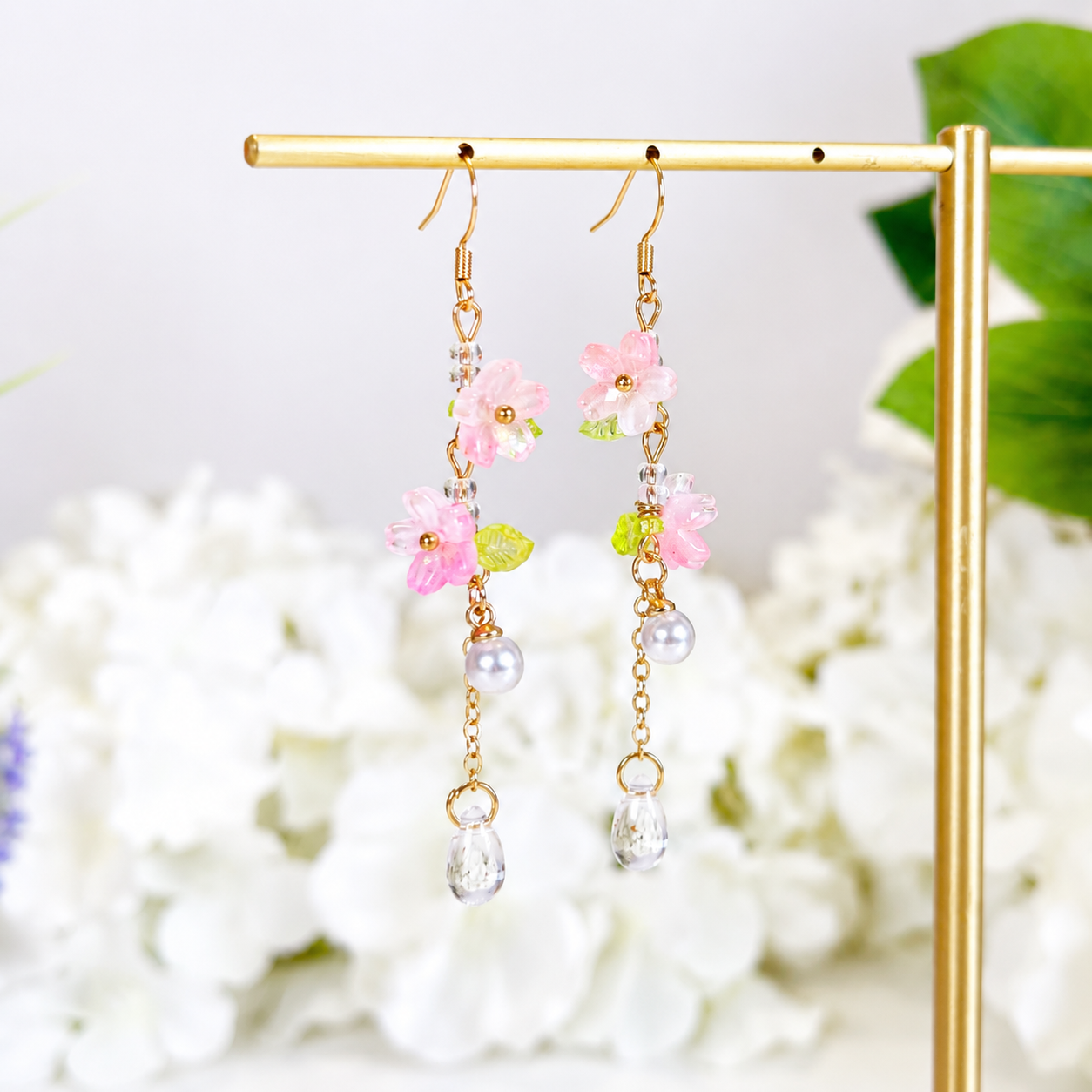 pink sakura green leave crystal dangle earrings E295
