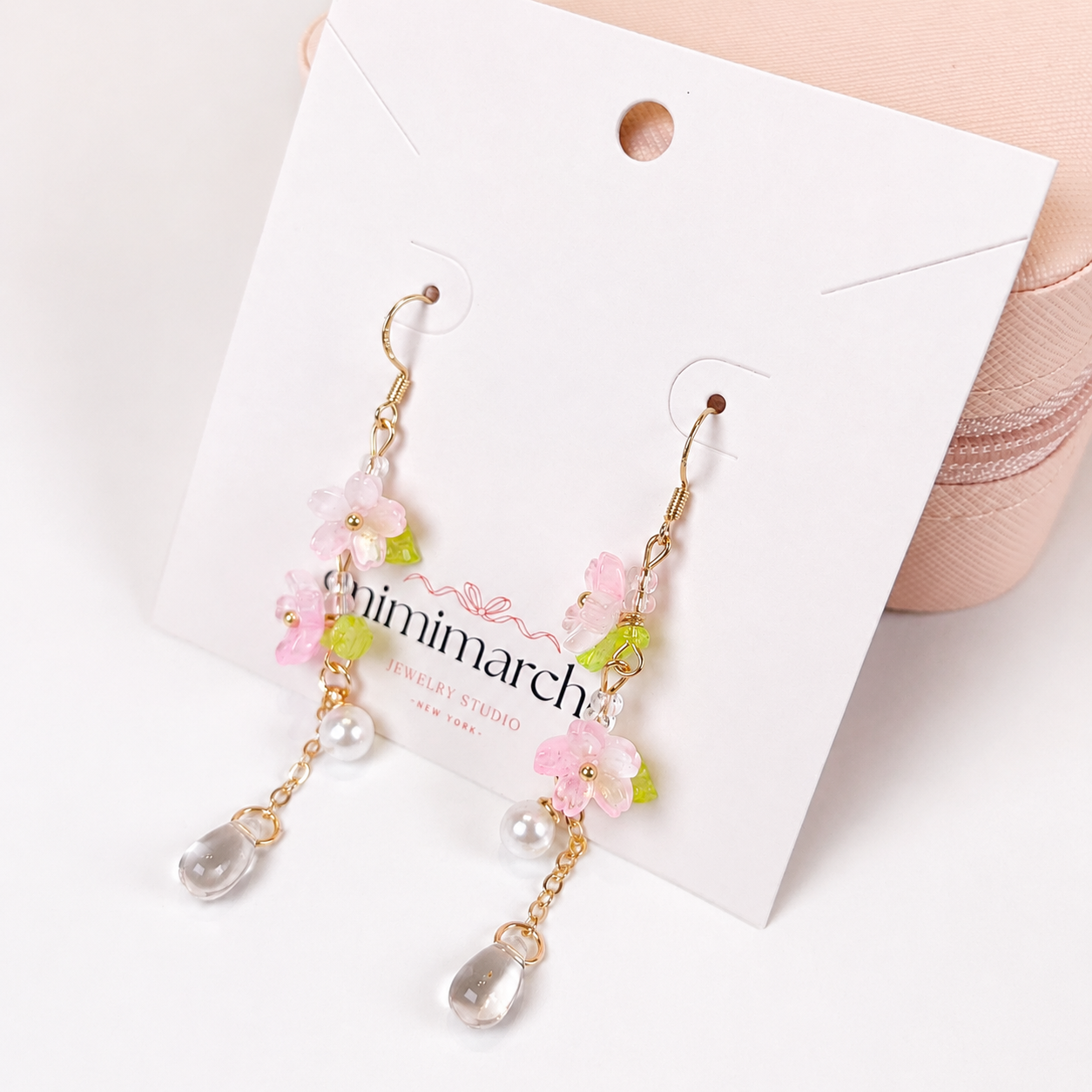 pink sakura green leave crystal dangle earrings E295