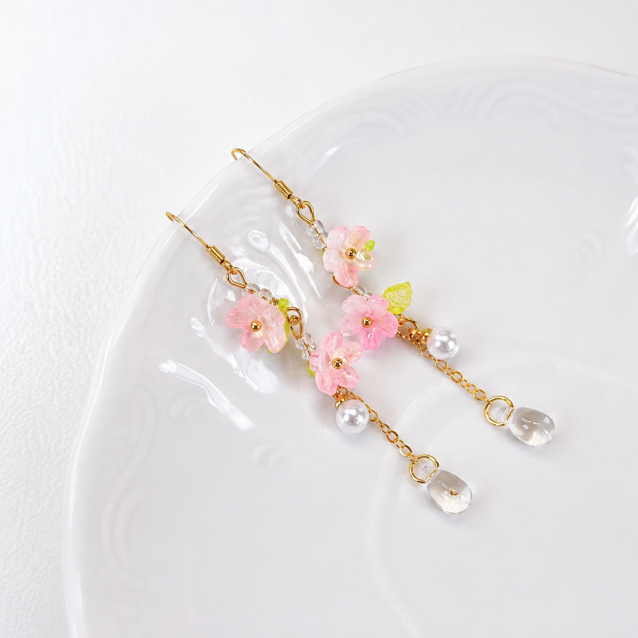 pink sakura green leave crystal dangle earrings E295
