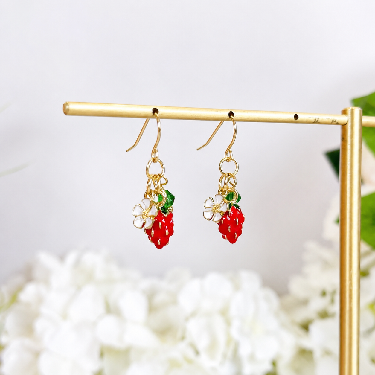 Dainty enamel strawberry flower dangle earrings E296