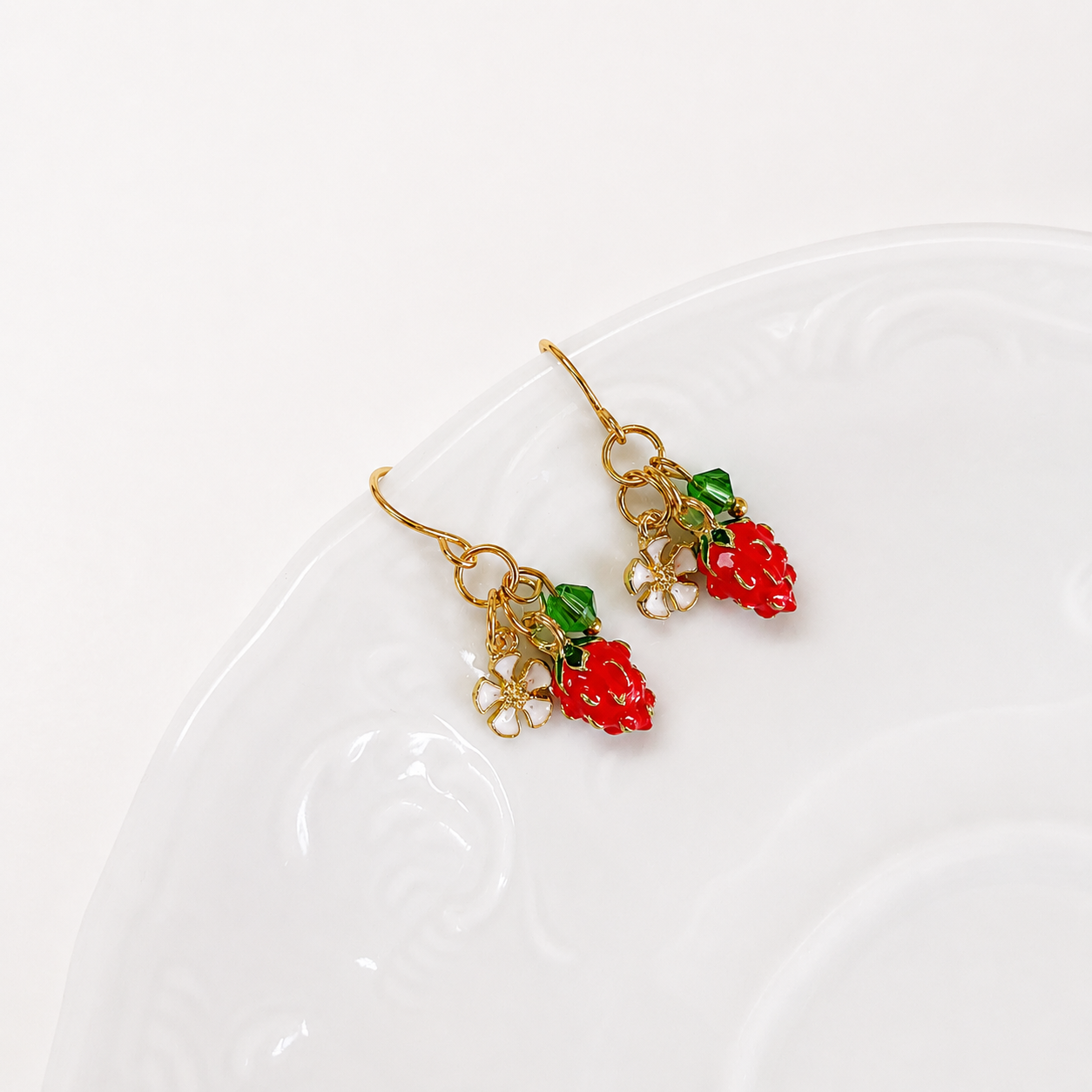 Dainty enamel strawberry flower dangle earrings E296