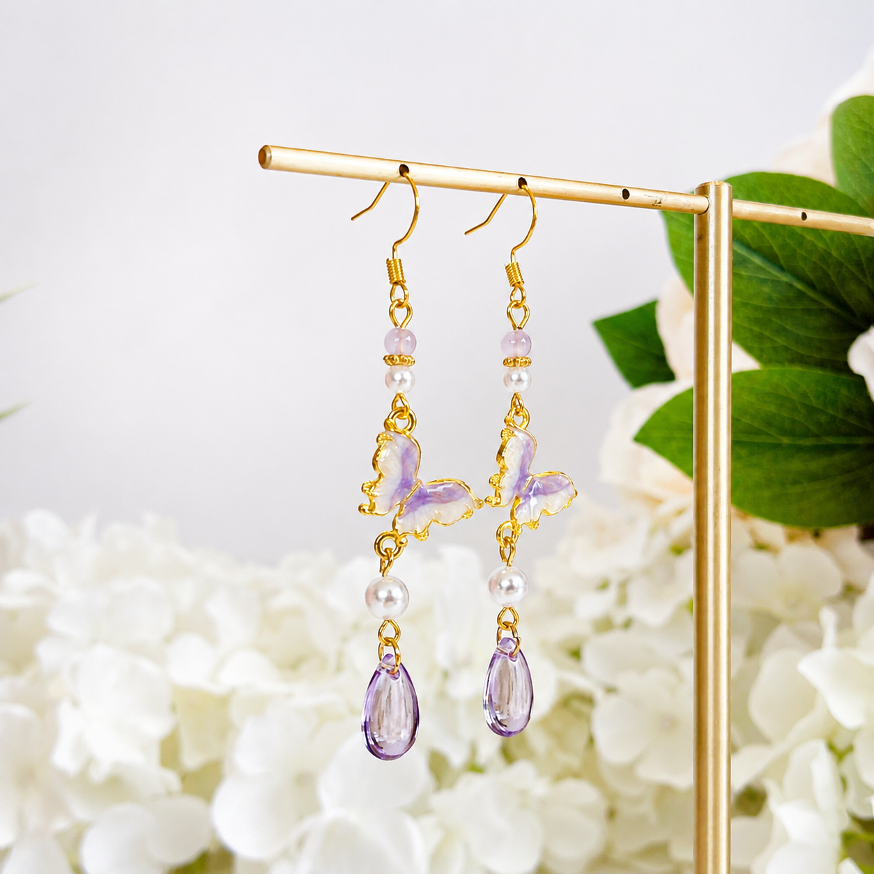 Purple butterfly with crystal dangle earrings E297