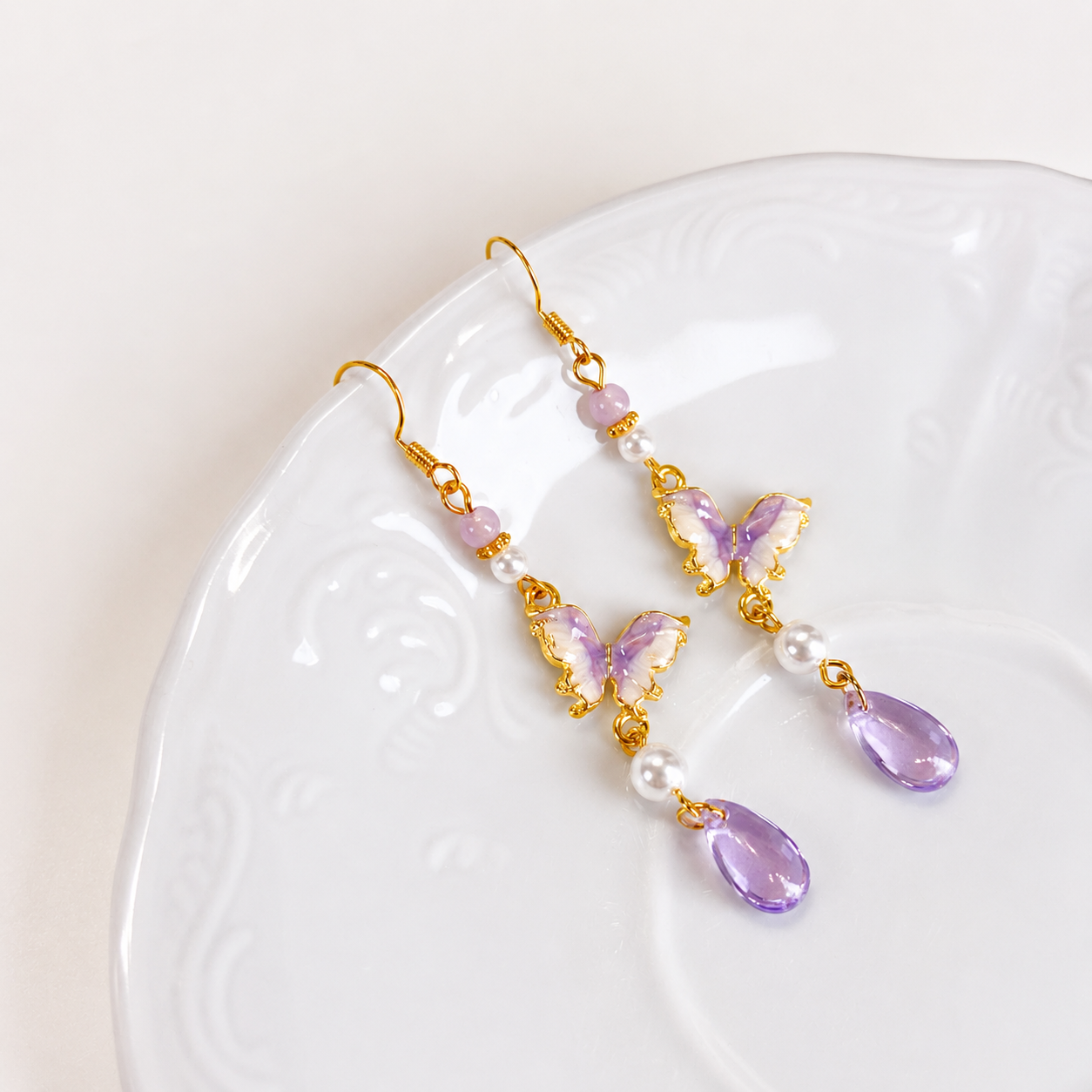 Purple butterfly with crystal dangle earrings E297