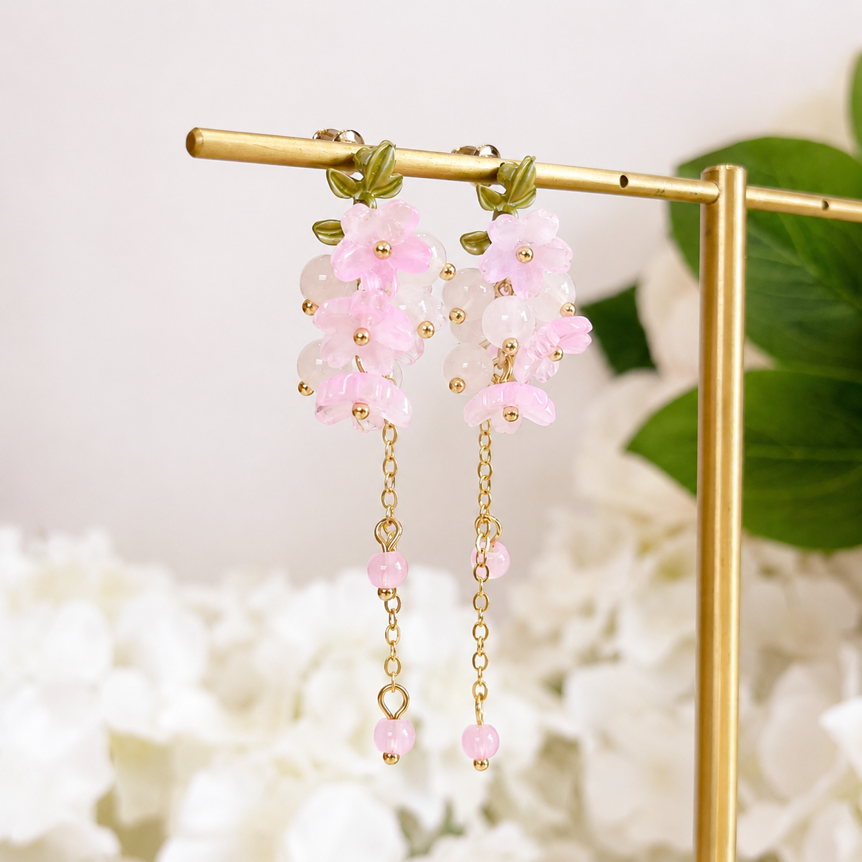 Pink sakura & beads cluster dangle drop earrings E299