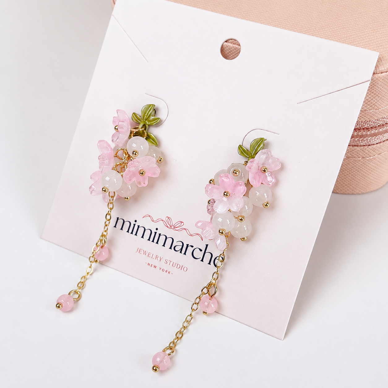 Pink sakura & beads cluster dangle drop earrings E299