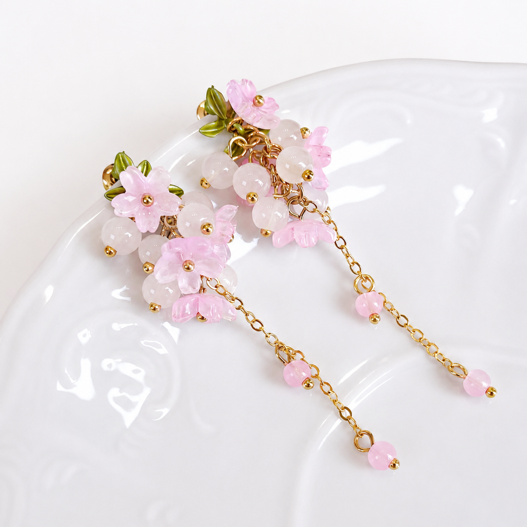 Pink sakura & beads cluster dangle drop earrings E299