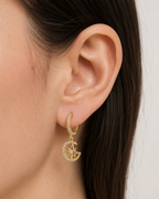 Starburst crescent moon paved cz dangle hoop earrings E078