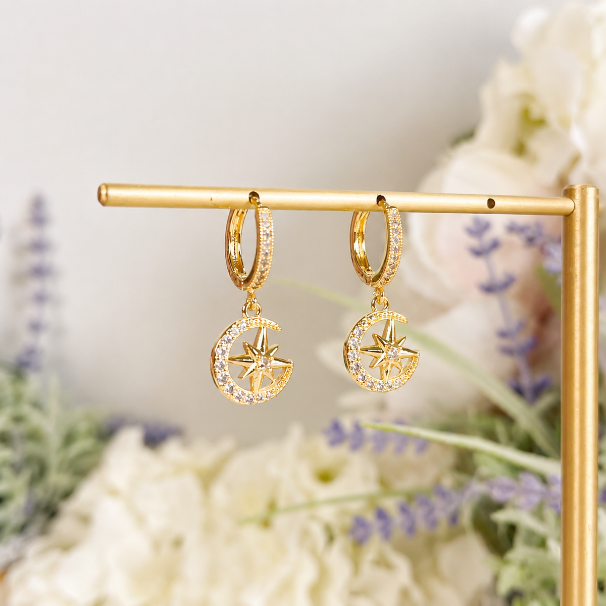 Starburst crescent moon paved cz dangle hoop earrings E078