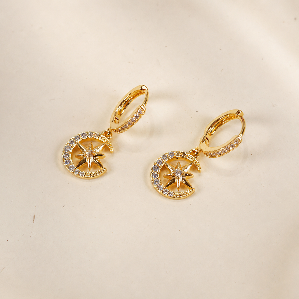 Starburst crescent moon paved cz dangle hoop earrings E078