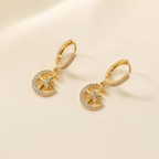Starburst crescent moon paved cz dangle hoop earrings E078