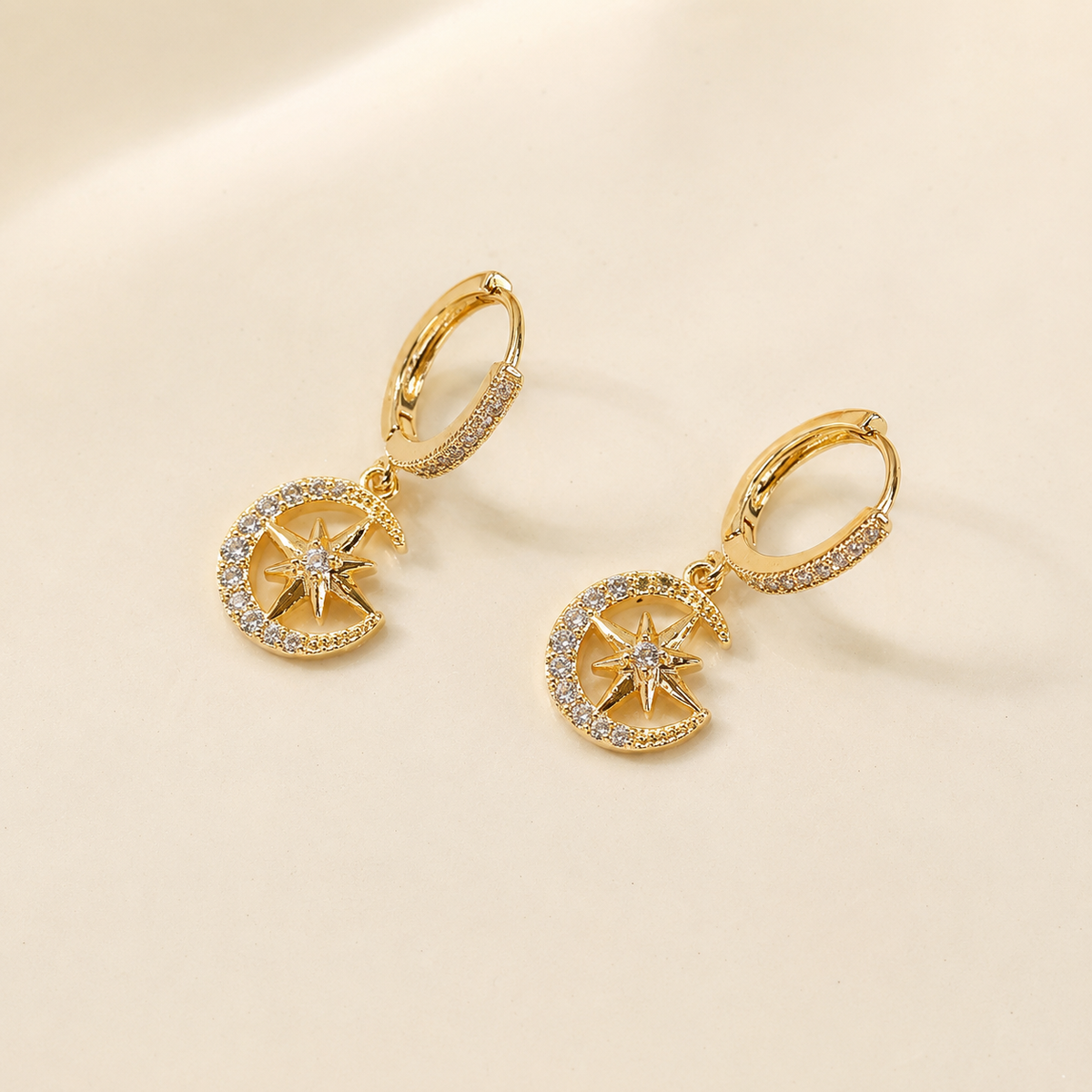 Starburst crescent moon paved cz dangle hoop earrings E078