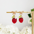 Red strawberry & gold bow flower dangle earrings E289