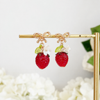 Red strawberry & gold bow flower dangle earrings E289