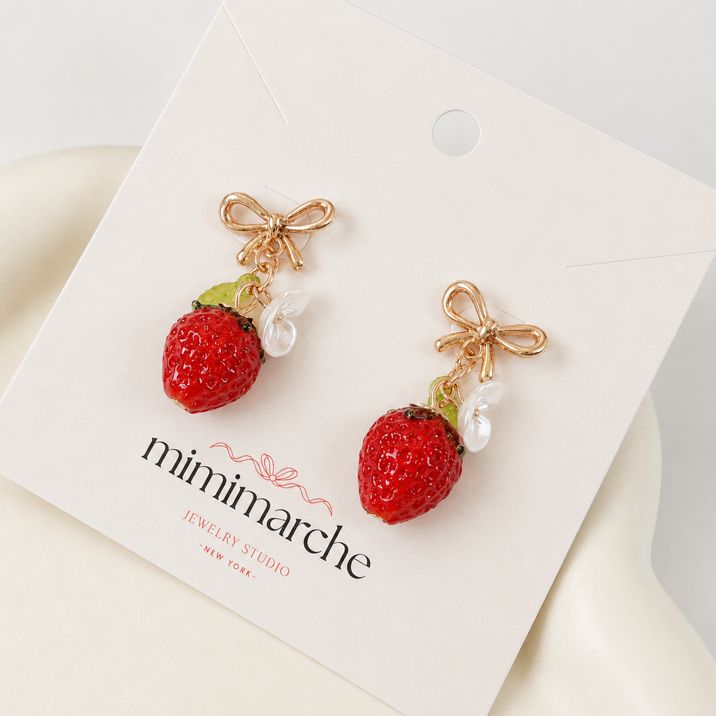 Red strawberry & gold bow flower dangle earrings E289