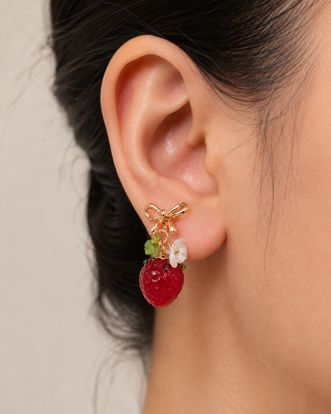 Red strawberry & gold bow flower dangle earrings E289