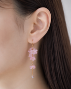 Pink sakura flower & crystal long dangle earrings E290