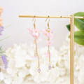 Pink sakura flower & crystal long dangle earrings E290