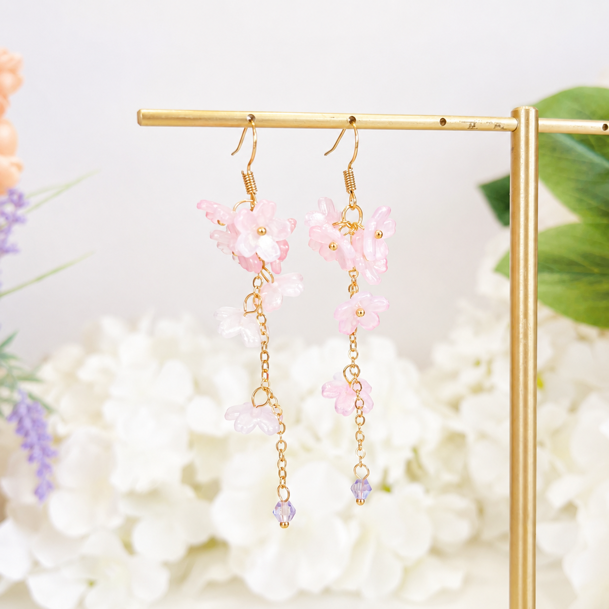 Pink sakura flower & crystal long dangle earrings E290