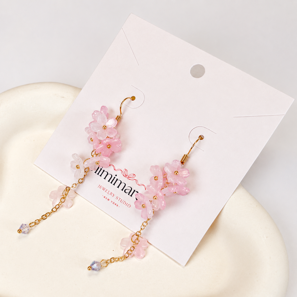 Pink sakura flower & crystal long dangle earrings E290