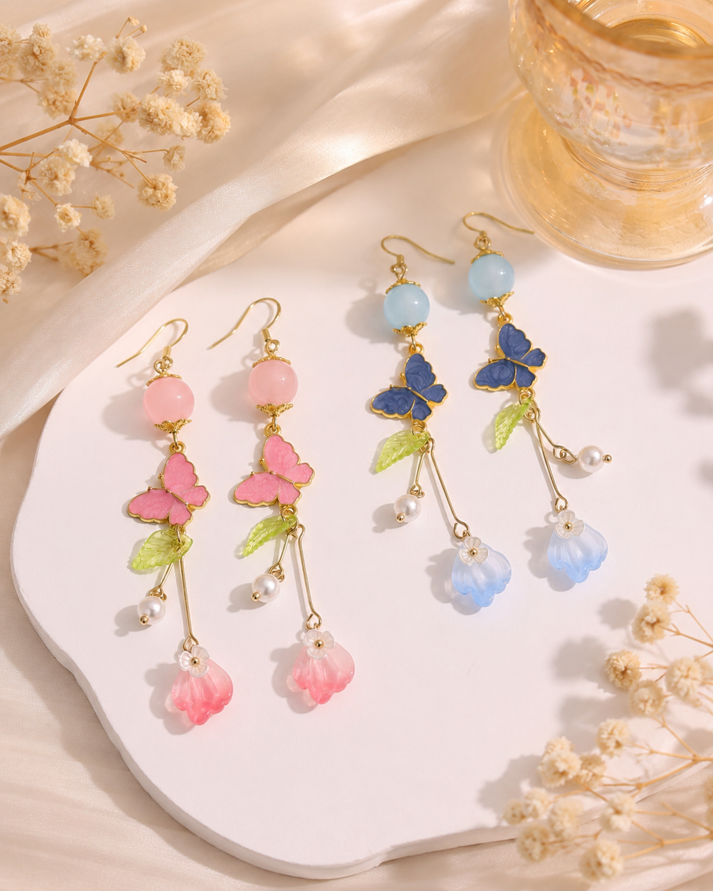 Crystal bead Butterfly Flower Pearl Dangle Earrings E264